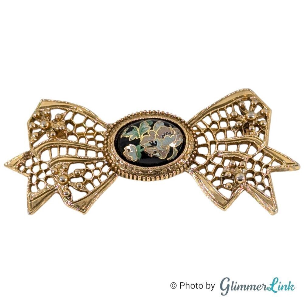 VTG 1928 Company Victorian Style Filigree Bow Floral Cabochon Gold Tone Brooch